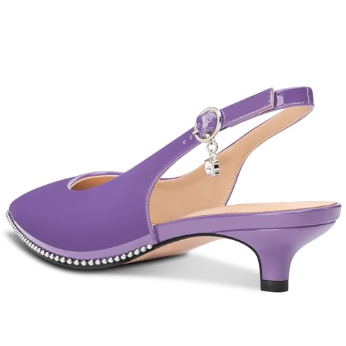 Image of TNYNFBEB Womens Low Kitten Heel Close Pointed Toe Pumps Slingback Silver Beaded Buckle Prom Party Dress Patent Leather 1.4 Inches Heels