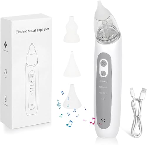 VIVIDRISE Mosca Bebé Eléctrico, Recargable Mosca Bebé Incluye 3 Silicona Suave Aspirador Nasal Bebe con Música, 3 niveles de succión, para recién nacidos