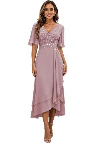 Image of Lace Applique Mother of Bride Dresses Chiffon Mother of the Groom Dresses Tea Length Formal Evening Dress with Sleeve