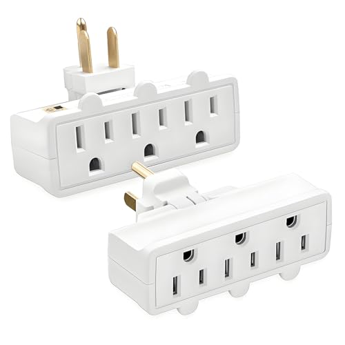 DERSUR 3 Plug Wall Adapter 2-Pack 3 Outlet Adapter Grounded 180 Degree Swivel Wall Plug Outlet UL Listed Rotating Outlet Extender Electrical Plugs 3 Prong for Home Office School Dorm