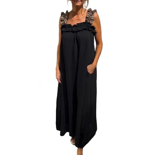 Vestido largo de cuello cuadrado con volantes para mujer, sin mangas, bohemio, acampanado, largo, con bolsillo, casual, holgado, verano, playa, vacaciones, diario, fiesta, vestido elegante, Negro, XL