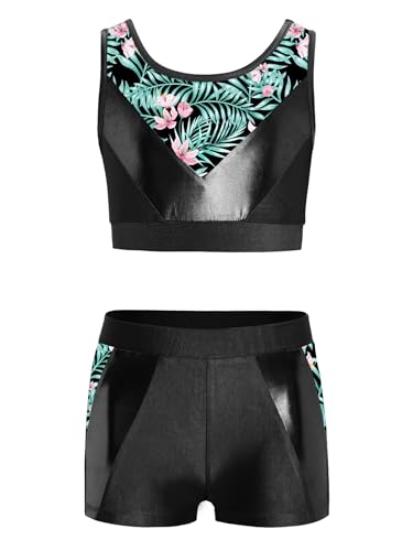 Girls Gymnastics Dance 2 Piece Shiny Metallic Set Crop Tank Top And Booty Shorts for Tennis Sports Black 10 Years