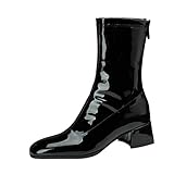 Lizoleor Confort Talons Moyen Bout Carré Femme Ankle High Bottes Habillées Elegant Cuir Verni Briller Large Fit Back Zippées Soirée Bottines Noir Taille 39 EU/40Cn