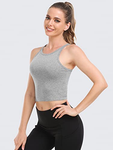 Yeawinta Tank Top For Women High Neck Crop Tops Sleeveless Workout Shirts Basic Cami Top Cropped Summer Tanks 3 Pack Black/Grey/Navy Blue Medium #TOP2