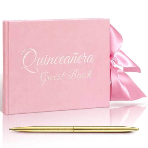 Image of Panelee Velvet Quinceanera Guest Book with Pen Pink Sign in Log with Bow 15 Year Anos Quince Book 144 Page Signature Guest Sign in Keepsake Album for Birthday Party Keepsake Gift