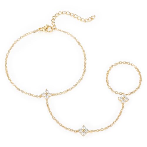 Emibele Pulsera Oro Para Mujeres, Trébol Cuatro Hojas 18K Oro Chapado Cadena Mano, Circonita Acero Inoxidable Sin Deslustre Cadena Mano Pulsera Con Anillo, Moderno Ajustable Joya Regalo