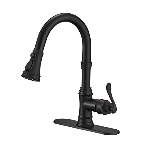BWE Black Kitchen Faucet with Pull Out Sprayer 3 Spray Modes Farmhouse Single Handle High Arc Kitchen Sink Faucet with Deck Plate Com Bar Pull Down Sprayer