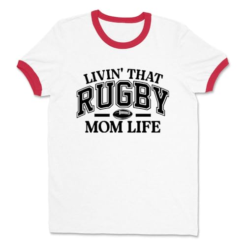 Livin' That Rugby Mom Life Ringer Tee Shirt Unisex Large White/Red