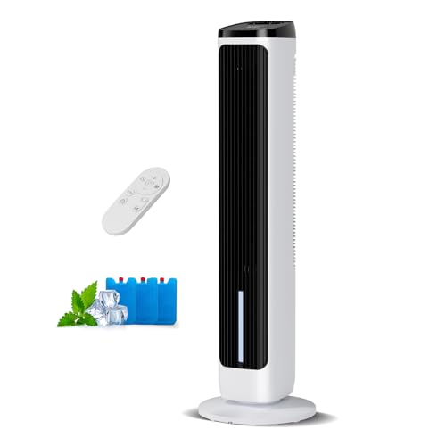 PNTCK Ventilador de Torre con Refrigeración por agua, Temporizador 12H, 4 Modos, 3 velocidades, oscilación de 80°, Mando a distancia, Enfriador de Aire Evaporativo para Dormitorios