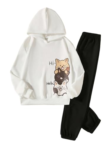 Dowadert Tween Girls Clothing 2 Piece Outfit Girl Cartoon Graphic Hoodie and Sweatpants Pants Fall Winter Casual Clothing Set(11-12Y)