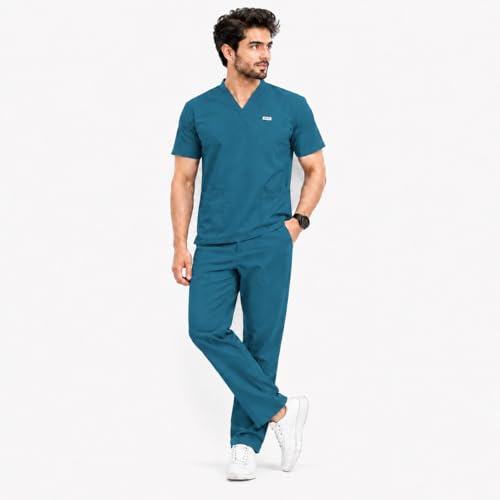 Image of Unisex Medical Scrub Suit Set, V-Neck Top with Pants, Short Sleeve, Polyester Cotton Blend, 7 Pockets, Regular Fit, Hospital Doctor Nurse Uniform