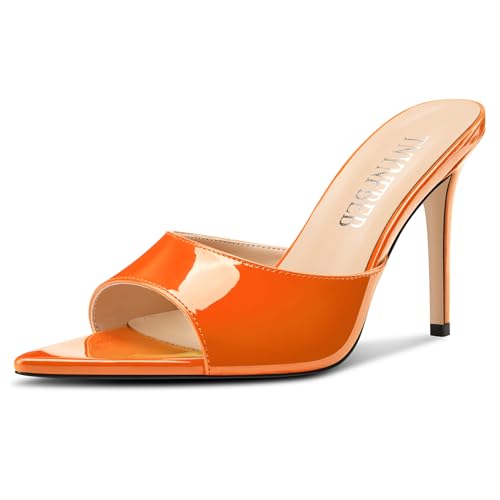 Image of TNYNFBEB Womens Stiletto High Peep Open Pointed Toe Sandals Mules Shoes Slip-on Slingback Office Party Dress Patent Leather Summer 3.9 Inches Heels