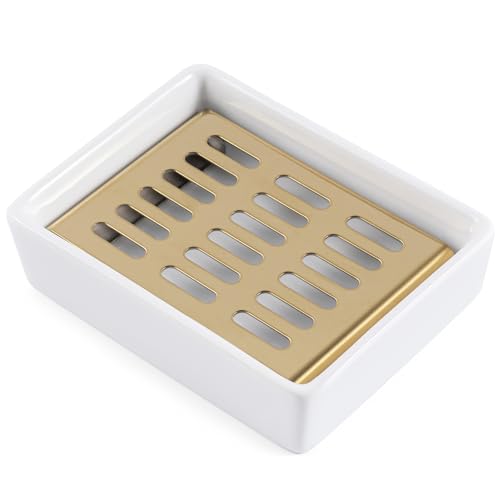 Ceramic Soap Dish (11.8 x 8.8 x 3cm) Stainless Steel Soap Holder for Bathroom and Shower Double Layer Draining Soap Box (Gold tray)