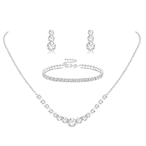 Jstyle Silver Jewelry Set for Women Rhinestone Crystal Necklace Drop Earrings Link Bangle Bracelet Bridal Wedding Jewelry Sets for Brides Bridemaid Prom Costume Accessories