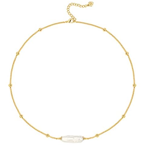 18k Gold Chain Choker Dainty Turquoise Beads Bar Necklace for Women Handmade Gemstone Jewelry for Mother's Day, Pearl, No Gemstone Cover