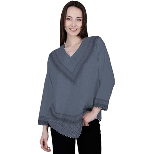 Image of Ukal Hand Embroidered Bige Top /Full Sleeves Cotton Tunic /Summer Short Ethnic Chikan Relaxed Fit Kurti /Boho Short Ethnic Dress for Women (in, Alpha, L, Dark Grey)