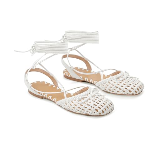 Image of Woven Ballet Flats for Women Lace Up Closed Square Toe Summer Sandals Dressy Shoes