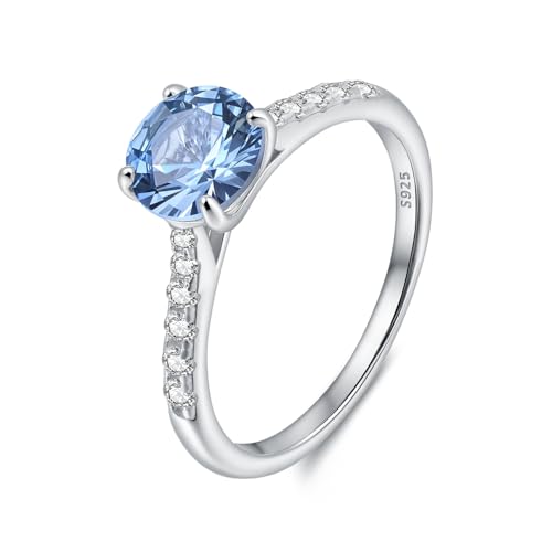 925 Sterling Silver Ring with Blue Round Zircon, 7x7mm Main Stone, Engagement Band with Clear Zircon Accents, 2mm Width, Ideal Gift for Women