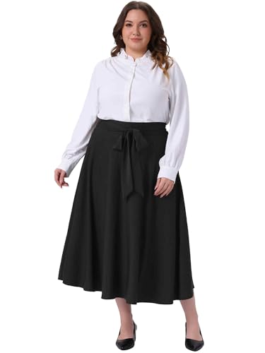 Agnes Orinda Plus Size Skirt for Women Tie Knot High Waist A-Line Pockets Skirt Skater Flared Midi Skirt Vinage Skirt3