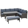 Outsunny 4 Pieces Patio Wicker Dining Sets, Outdoor PE Rattan Sectional Conversation Set with Cushions & Dining Table, Bench for Garden, Backyard, Lawn, Gray