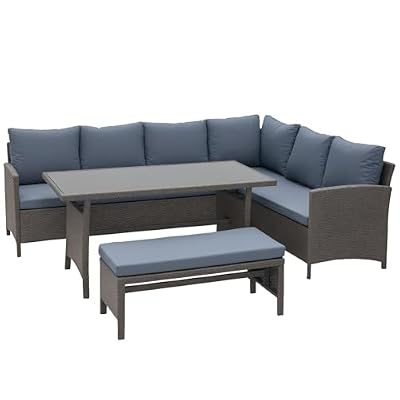 Outsunny 4 Pieces Patio Wicker Dining Sets, Outdoor PE Rattan Sectional Conversation Set with Cushions & Dining Table, Bench for Garden, Backyard, Lawn, Gray