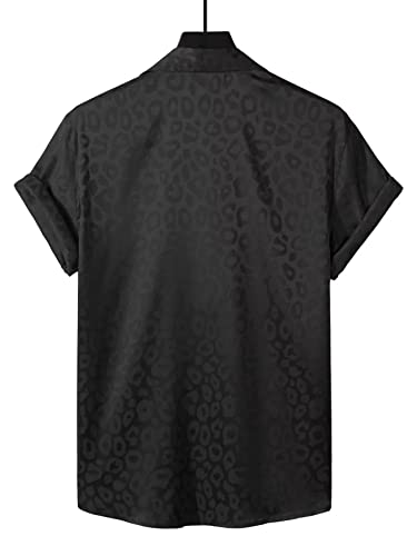 Men's Satin Leopard Print Short Sleeve Button Down Lapel Collar Silk Shirts Top2