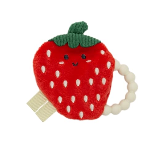 Image of Pearhead Strawberry Baby Teether – Soft Plush Sensory Toy with BPA-Free Silicone Beaded Ring & Crinkle Sound, Soothes Teething Pain, Newborn Essentials for Boys and Girls, 0+ Months