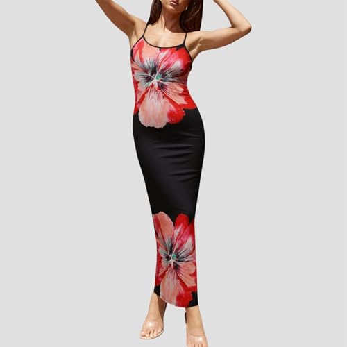 Image of Womens Summer Casual Floral Dresses Spaghetti Strap Bodycon Maxi Beach Dress Elegant Evening Party Long Dresses (US, Alpha, Medium, Regular, Regular, Black Apricot)