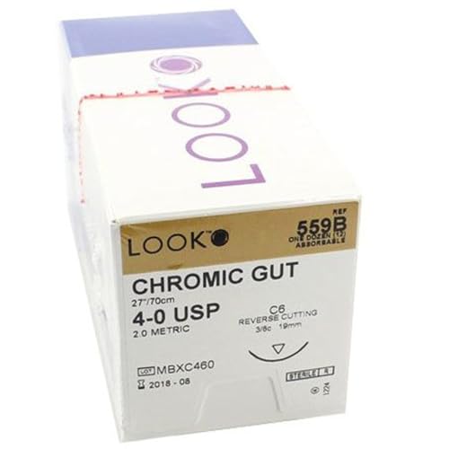 Look X559B Chromic Gut Absorbable Sutures 4-0 27" C6 3/8 Circle 19mm Needle, Reverse Cutting, Sterile Dental Surgical 12/Pk