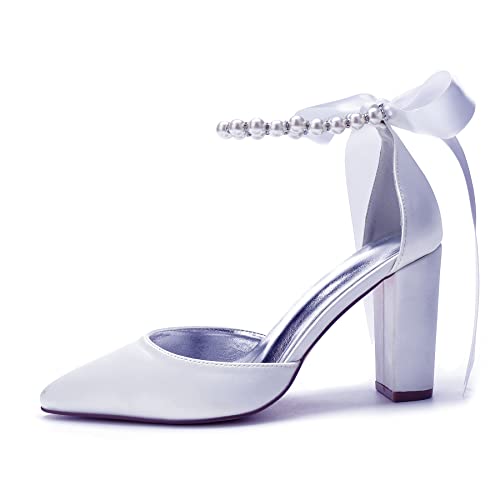 Women's Pearl White Wedding Shoes for Bride High Heels Pointed Toe Bridal Shoes Satin Block Heels Prom Party Dress Pumps Sandals2