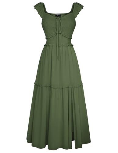 SCARLET DARKNESS Damen Boho Chiffon Kleid Ärmellos Ausschnitt mit Kordelzug Gesmockt Sommerkleid Olivgrün S
