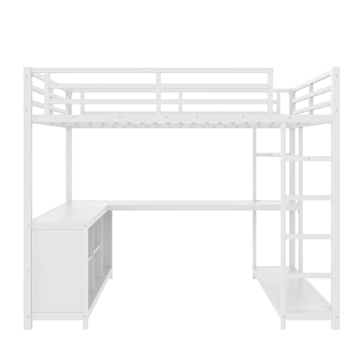 Image of Bellemave Queen loft Bed with L Desk, Wardrobe, Metal Queen Size Loft Bed Frame for Adults, Kids, Teens, White