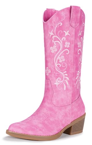 Vepose Women's Cowgirl Boots, Mid-Calf Pull on Embroidered Western Pink Fashion Stitched Cowboy Boots with Chunky Block Heel and Pointy Toe, 9802 Size 9.5 US (CJY9802 pink 09.5)