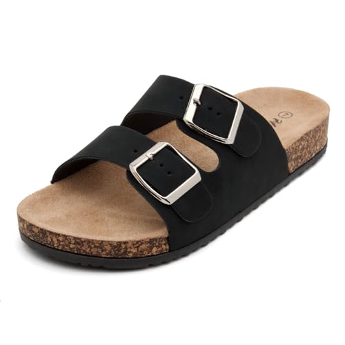 Image of Herstyle Womens Cork Footbed Slides for Women, Double Strap Flat Sandals, Adjustable Buckle Comfort Slip On Shoes, Summer Beach Casual Walking Slippers