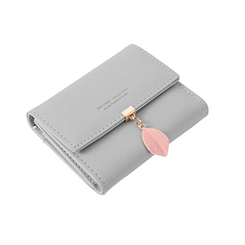 Thursday April Monedero de Mujer Billetera para Mujer con Múltiples Ranuras para Tarjetas Cartera de Cuero PU Colgantes de Hojas Monedero con Cremallera(Gris)