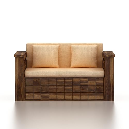 Image of Ganpati Arts Sheesham Wood Oslo 2 Seater Diamond Sofa Cum Bed with Storage and Side Pockets for Living Room Wooden Sofa Cum Bed Home Furniture 1 Year Warranty (Teak Finish)