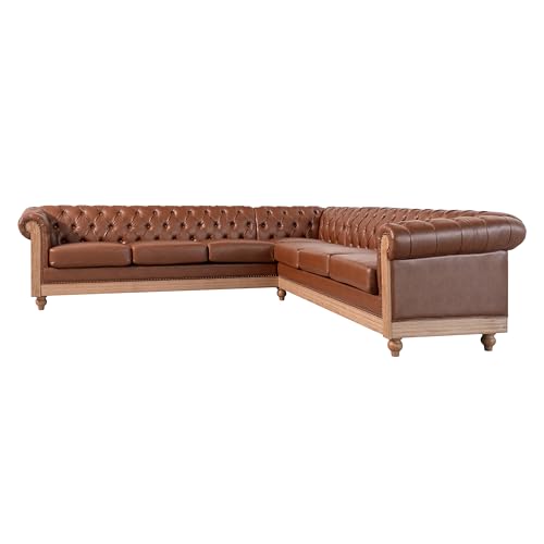 Image of Merax PU Chesterfield Sofa, Retro Style Upholstered 6 Seater Leather Rolled Arm Couch for Living Room Bedroom Office, Light Brown