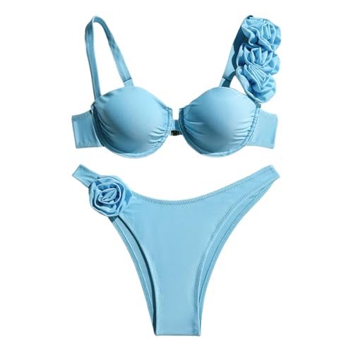 Conjunto de bikini para mujer, conjunto de bikini deportivo de dos piezas, bloques de color, trajes de baño de corte alto, trajes de baño de 3 piezas para mujer, azul, S