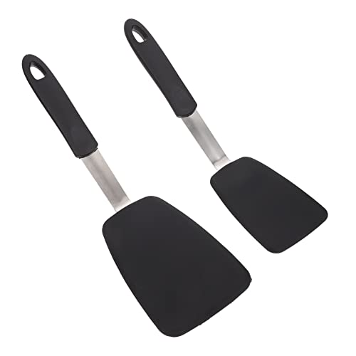 2Pcs Heat Resistant Silicone Spatula Multipurpose Non Stick Cooking Utensils for Kitchen Ergonomic Design with Hanging for Stirring and Frying Black