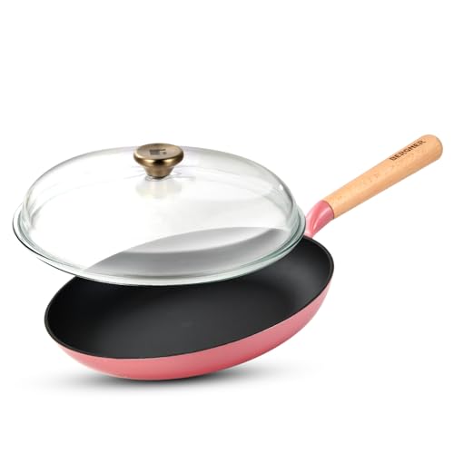 Image of BERGNER Excalibur Lightweight Cast Iron Frypan with Lid 28cm, Sturdy Wooden Handle, Non-Stick Coating, PFAS Free, Perfect Heat Distribution, Elegant Design - Induction Compatible (Pink)