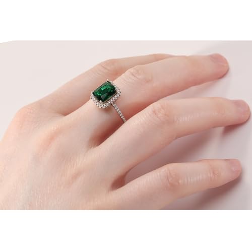3.6ct 8x6mm Created Green Simulated Emerald Rings 925 Sterling Silver Engagement Ring for Women May Birthstone Rings Paved Cubic Zirconia Wedding Rings Size 5-103