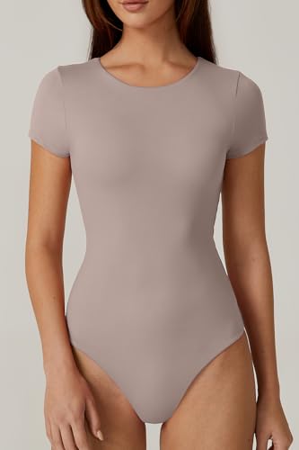 Image of QINSEN Women's Crew Neck Short Sleeve Bodysuit Double Lined Body Suits Basic T-shirt Tops