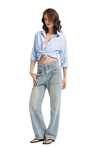 Wide Leg Jeans for Women, High Waist Straight Legs Trendy Front Patch Pocket Denim Pants for Ladies Casual Work2