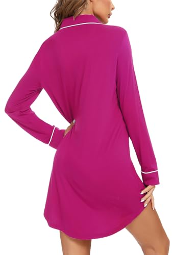 Image of Samring Nightgown for Women Long Sleeve Button Down Night Gown Boyfriend Nightdress Sleep Shirts