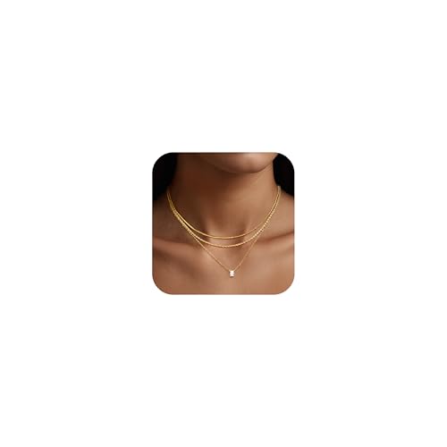 KSF Gold Layered Necklaces for Women - 18K Gold Plated Choker Necklace, 3PCS Women's Cubic Zirconia Choker Simple Dainty Stackable Pendant Necklaces Trendy Jewelry Gift for Women