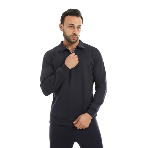 Andora Long Sleeves Half Zipper Closure Self patterned Sweatshirt-Navy-3XL