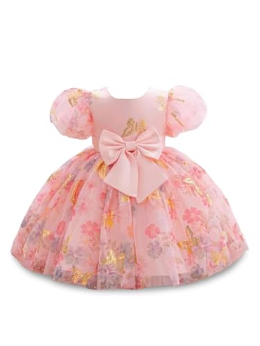 Image of Niren Enterprise Baby Girls Fit And Flare Knee Length Gold Foil Butterfly Puff Sleeve Bowknot Princess Gown Dress for Special Occasions