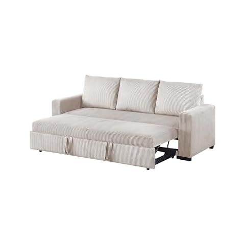 Poundex Upholstered Corduroy Convertible Sofa Bed Ivory Cover