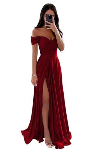 GODCUN Vestidos de dama de honor de satén para mujer, con hombros descubiertos, vestidos largos de graduación, plisados, vestidos formales de noche con abertura, Rojo vino, 8