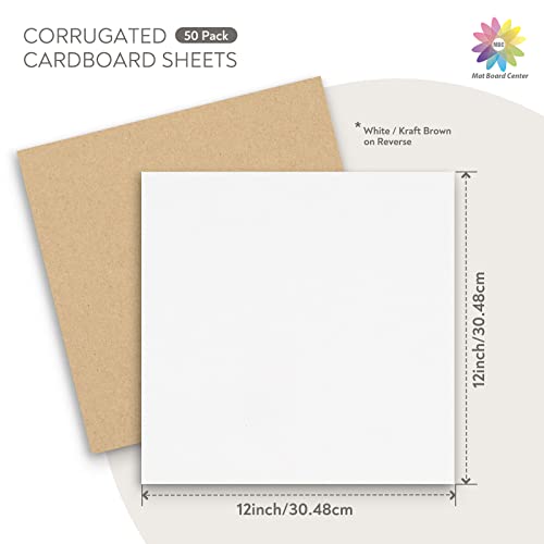 Image of Mat Board Center, 50 Pack 12x12 Inch Corrugated Cardboard Sheets | 2mm Thick White Flat Cardboard Inserts for Mailing, Packing & Shipping, Craft Card Board (White on one side)